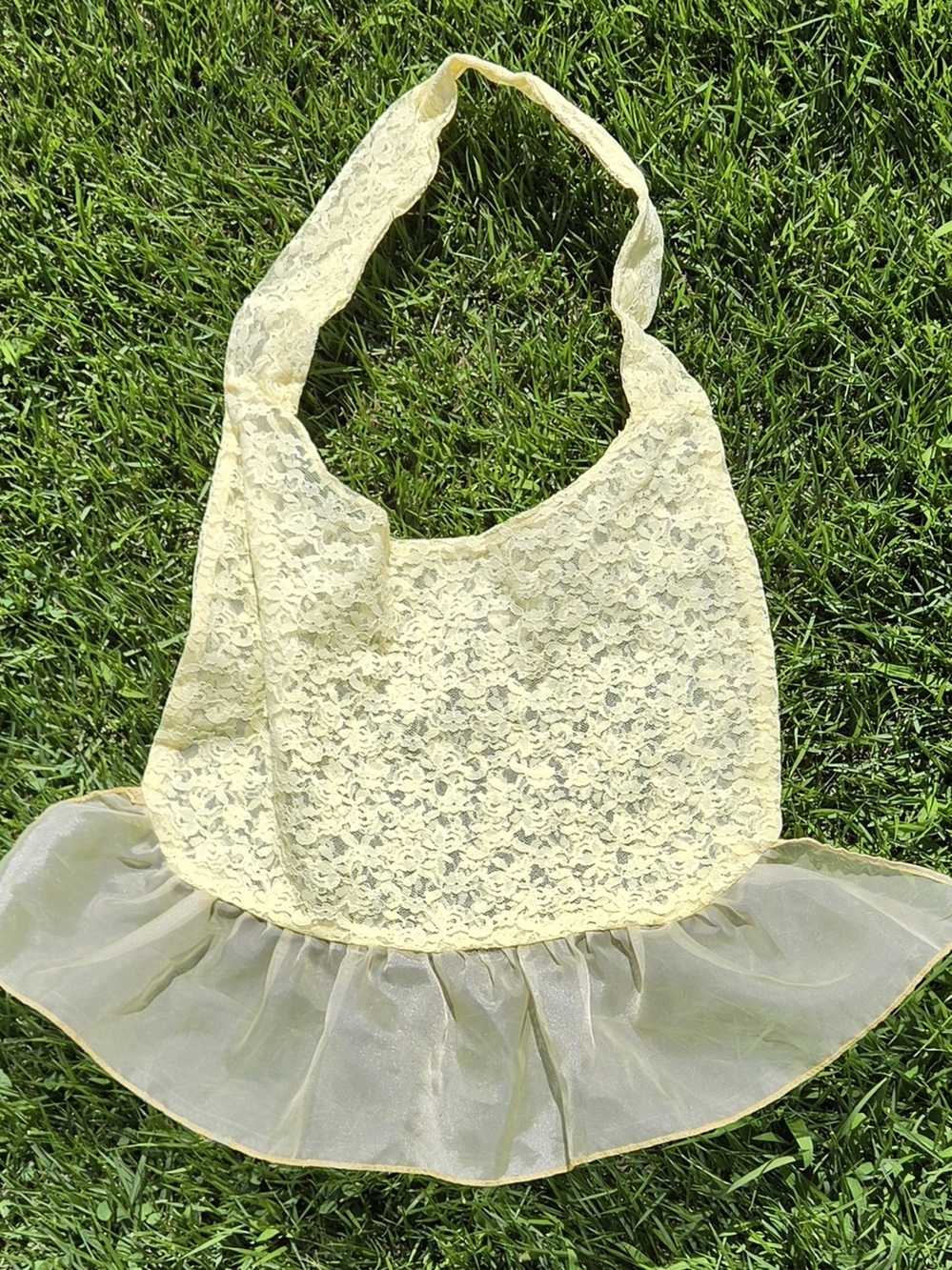 Women’s Yellow Lace Hobo Bag with Sheer Ruffle - Handmade